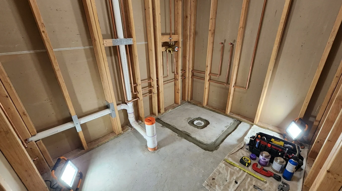 Bathroom rough-in plumbing during remodel by Johns Plumbing LLC in Rockwell