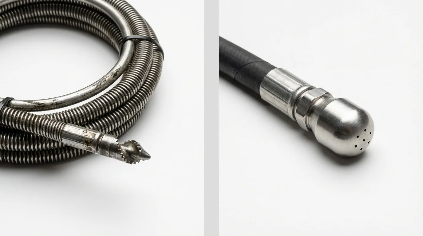 Drain snake cable and hydro jetting nozzle used for drain cleaning in Rockwell, IA