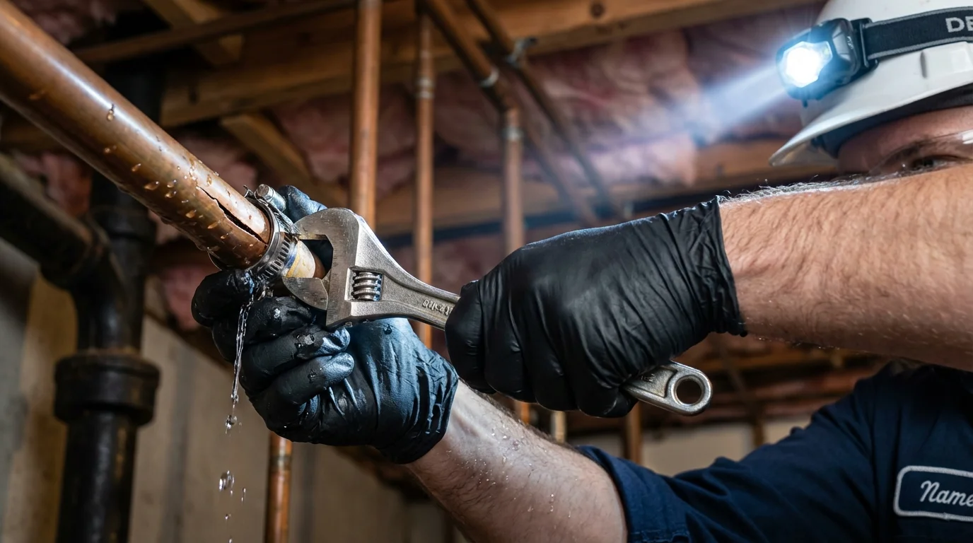Emergency pipe clamp repair being performed by a Johns Plumbing LLC plumber in Rockwell