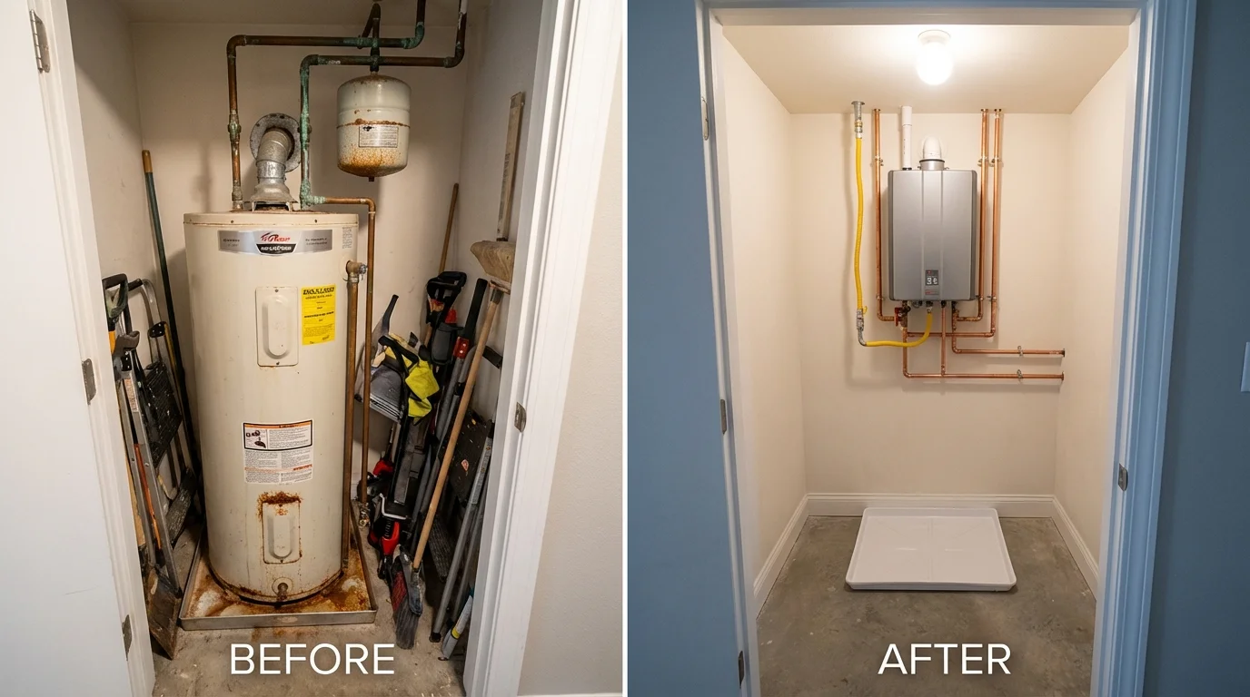 Tank water heater versus wall-mounted tankless unit comparison for Rockwell, IA homeowners