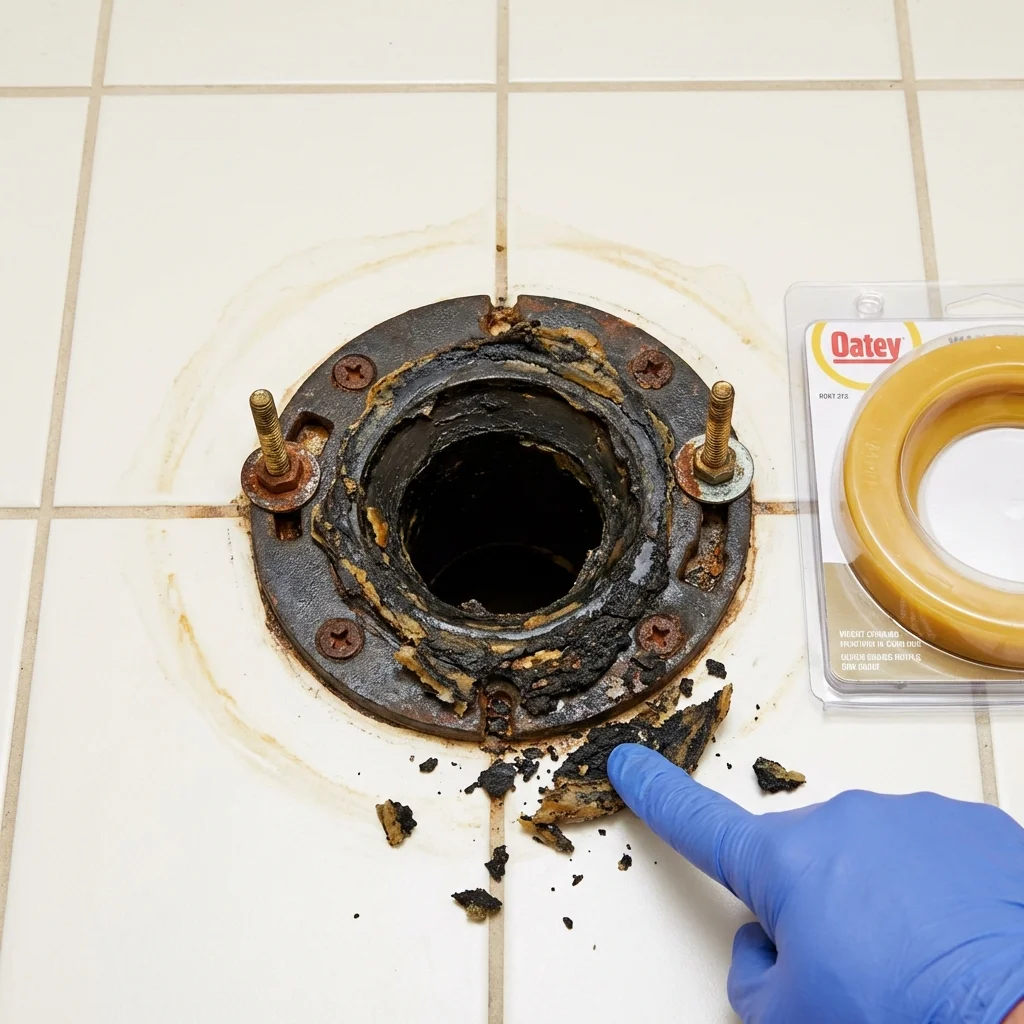 Failed wax ring showing water seepage at the base of a toilet in a Rockwell, IA home