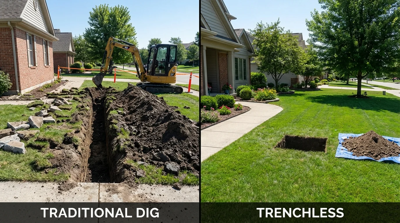 Trenchless sewer repair with minimal yard damage versus traditional excavation in Rockwell, IA