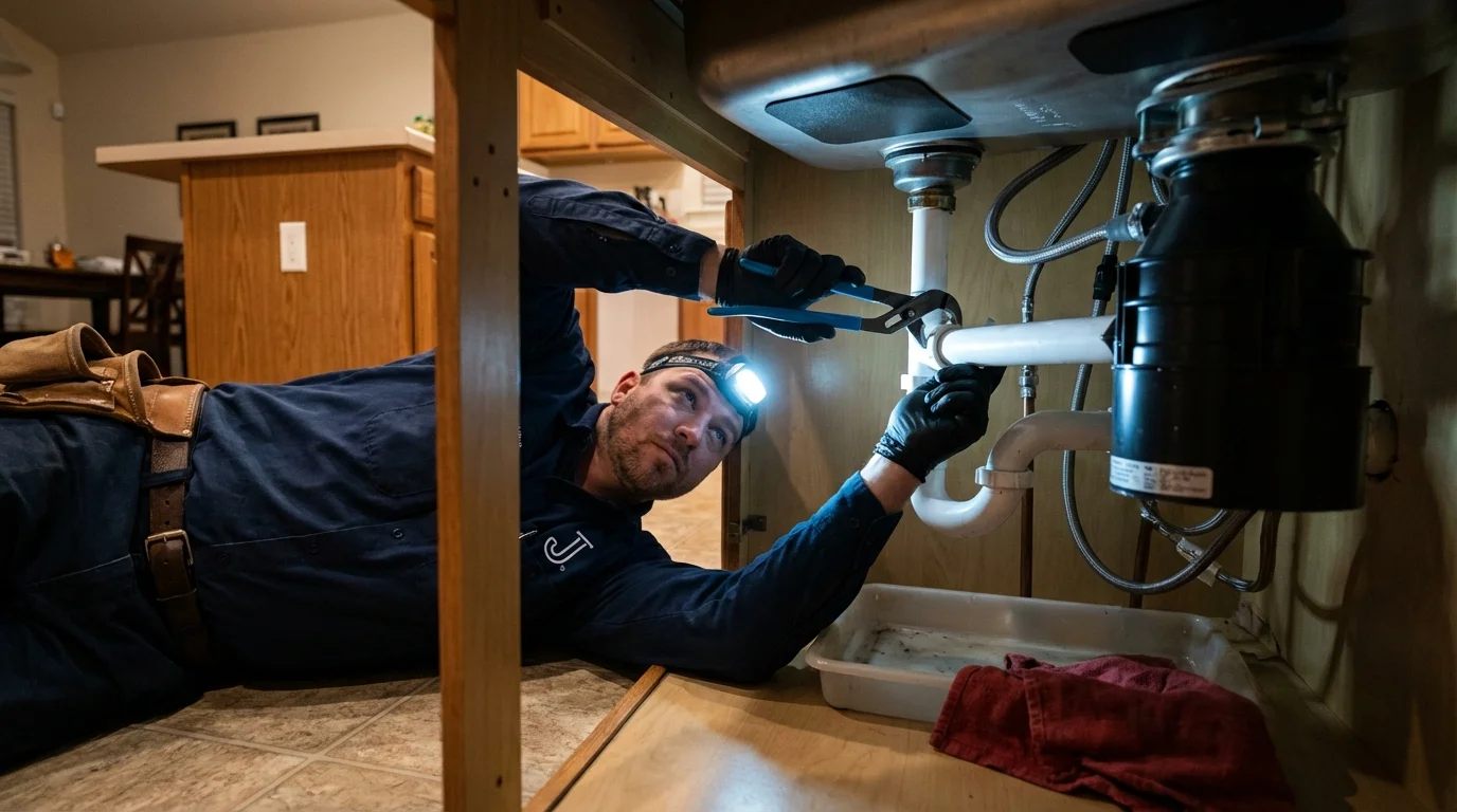 P-trap and supply line connections under a kitchen sink showing a common leak point in Rockwell, IA